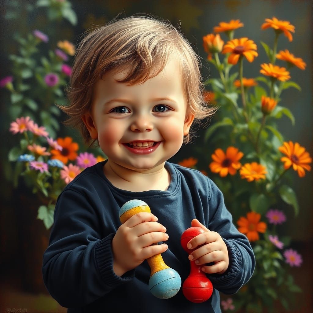 Happy Toddler in Garden, Rembrandt-Style Oil Painting