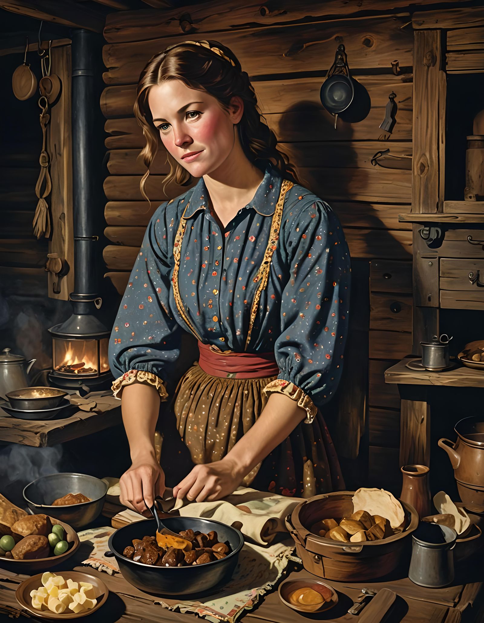 Pioneer Woman Preparing Meal in Cabin: Oil Painting