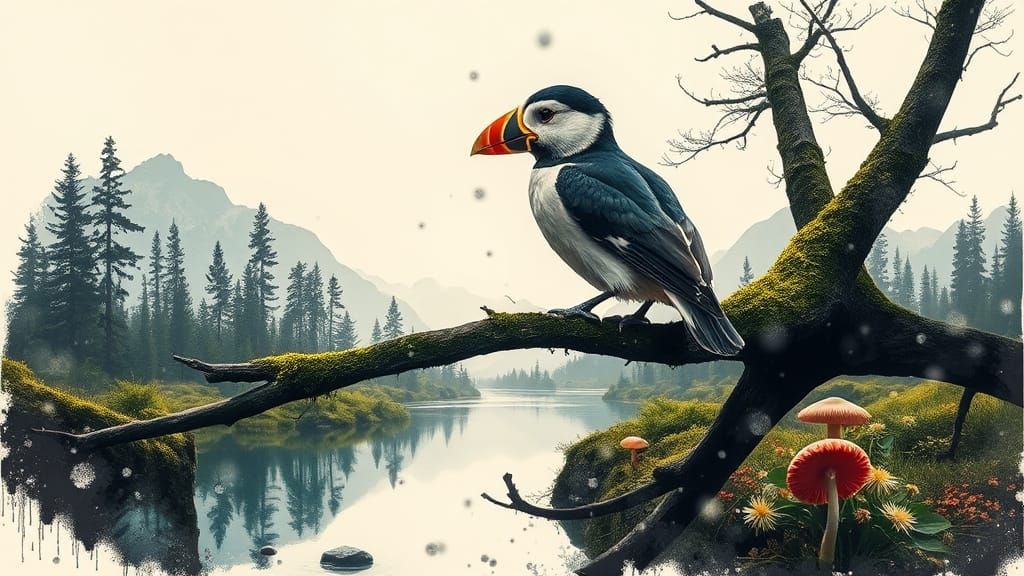 Puffin in Double Exposure Splash Art Style