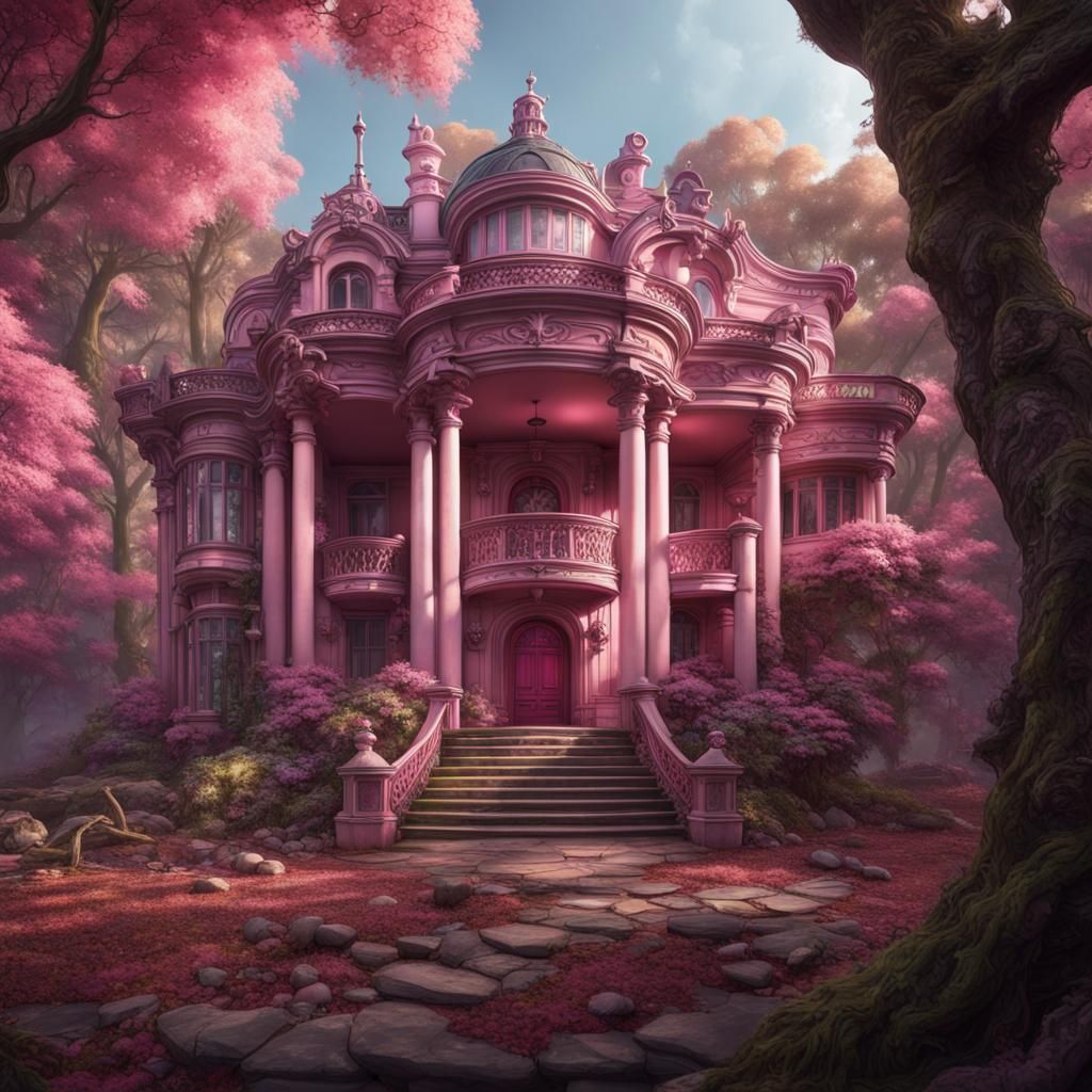 Pink Mansion in Woods: Detailed Matte Painting
