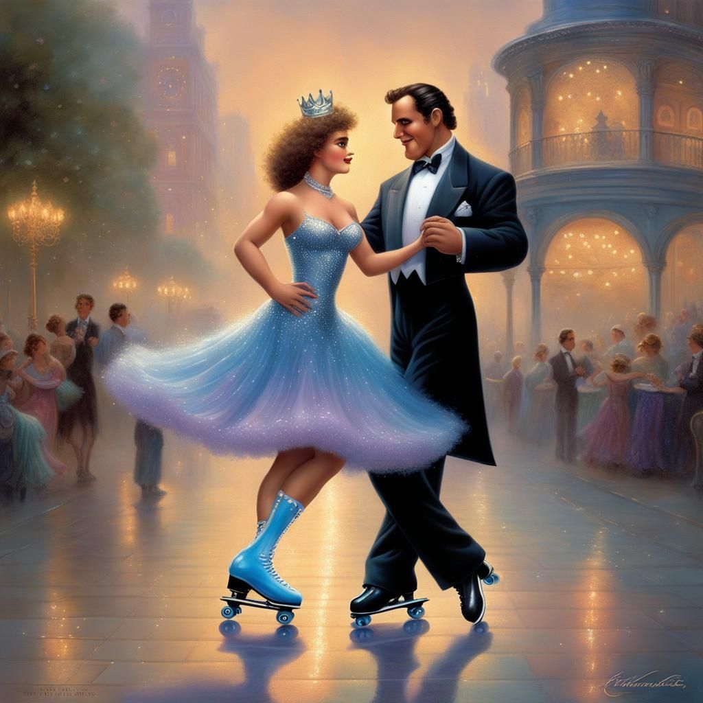 Fantasy Couple on Roller Skates in Ballroom