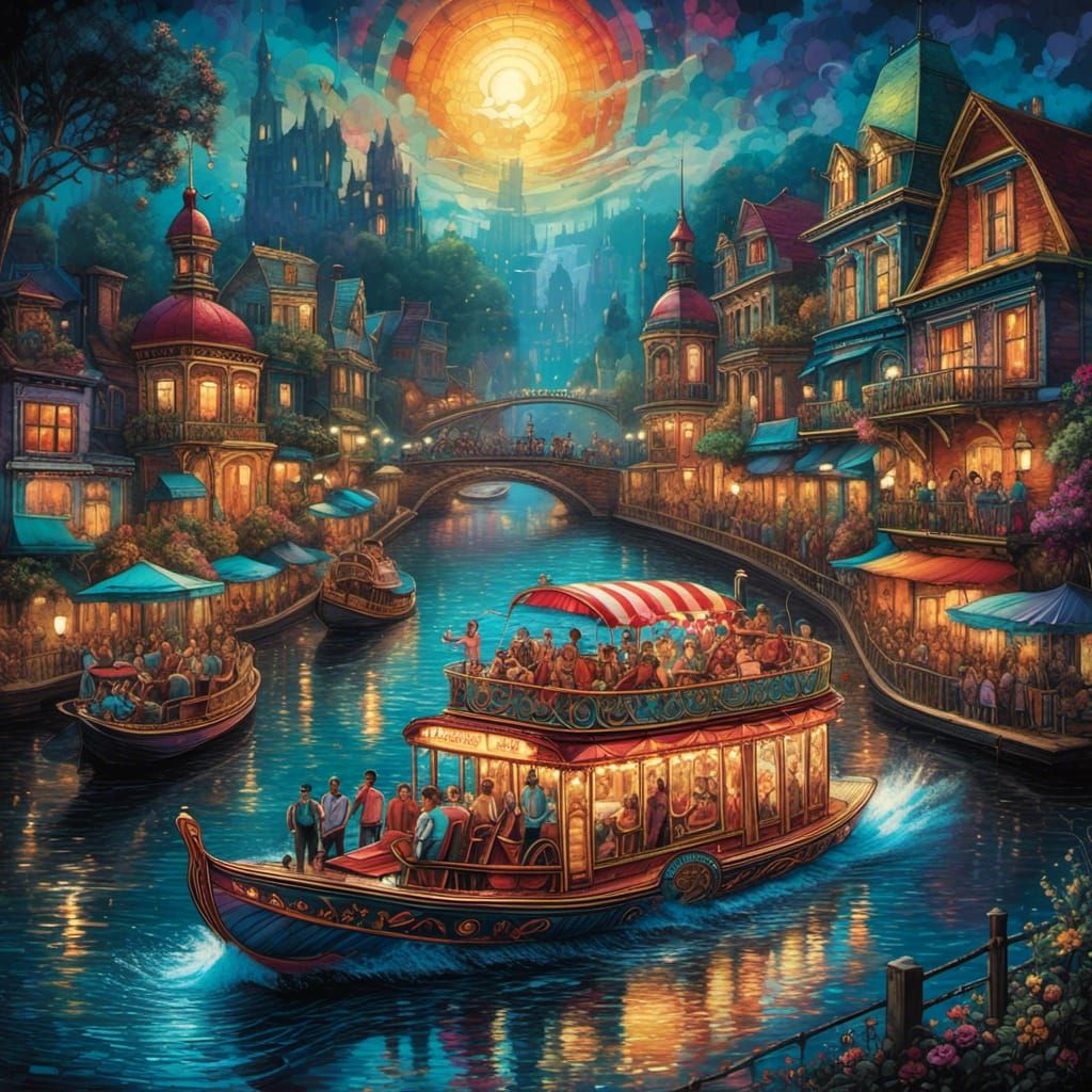 Vibrant River Paddleboat Party in Graffiti Art Style