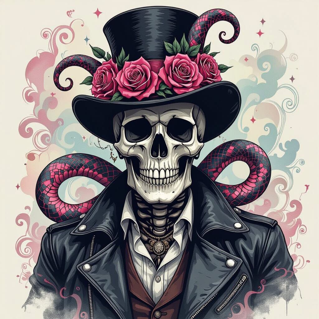 Skull with Roses and Snake in Watercolor Tattoo Art