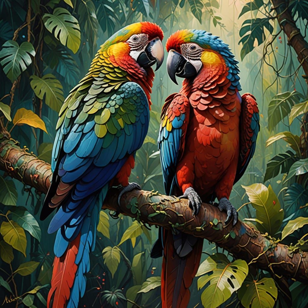 Two Parrots Above Jungle Masquerade in Painterly Oil Style