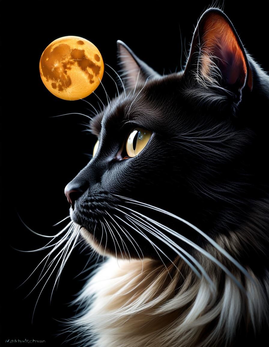 Hyperrealistic Black Cat Gazing at Moon, Detailed Portrait