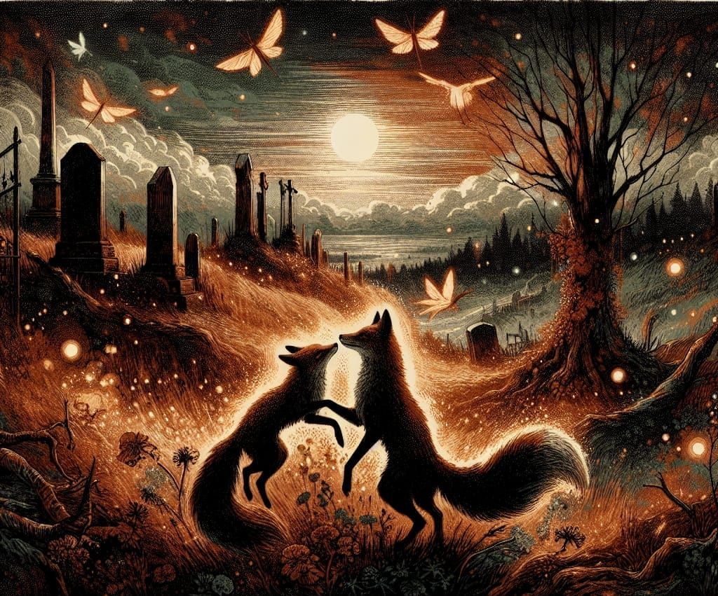 Ghostly Foxes Play in Graveyard, Fin-de-Siècle Style