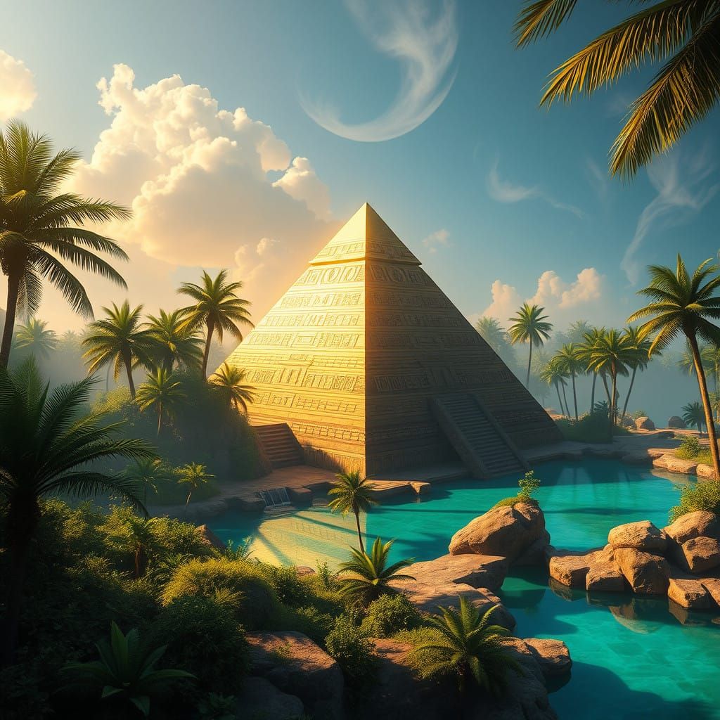 Golden Pyramid in Vibrant Fantasy Oasis