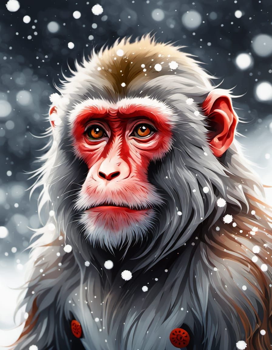 Macaque in Snow, Traditional Japanese Woodblock Print