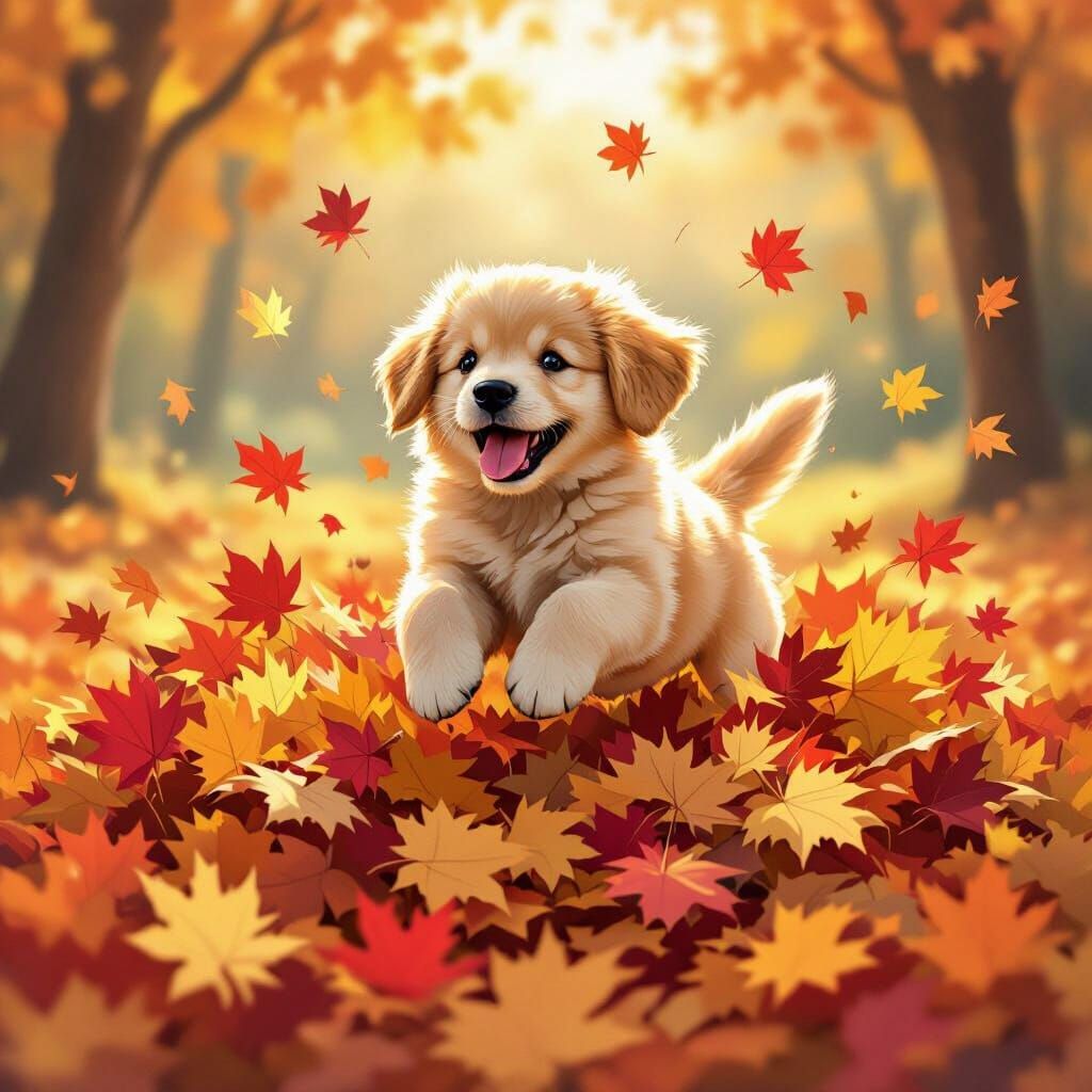 Golden Retriever Puppy Leaps Into Autumn Leaves
