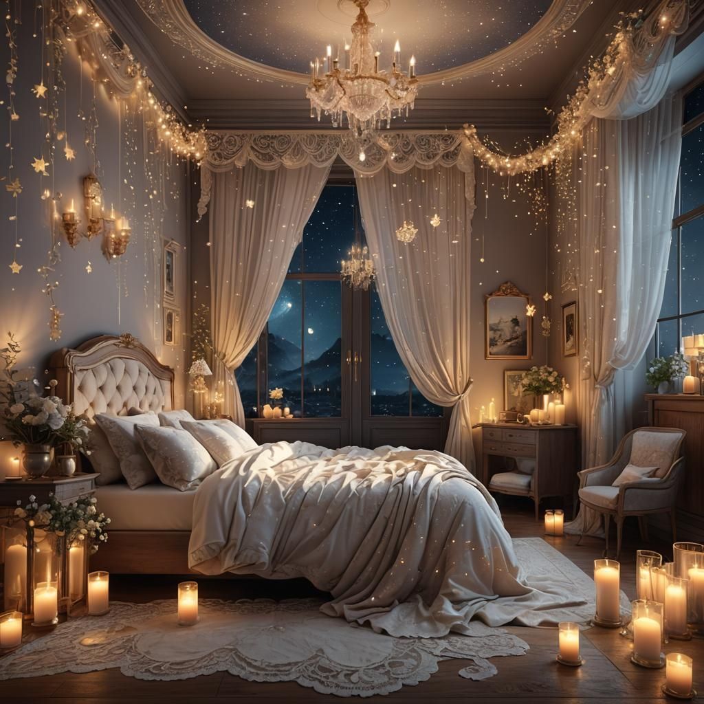 Dreamy Bedroom with Twinkling Lights: Fantasy Concept Art