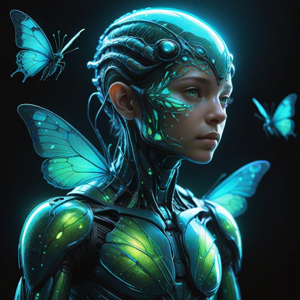 Ethereal Boy Illuminated by Bioluminescent Insectoid Organis...