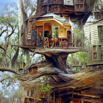 Wild West Treehouse Town: An Oil Painting