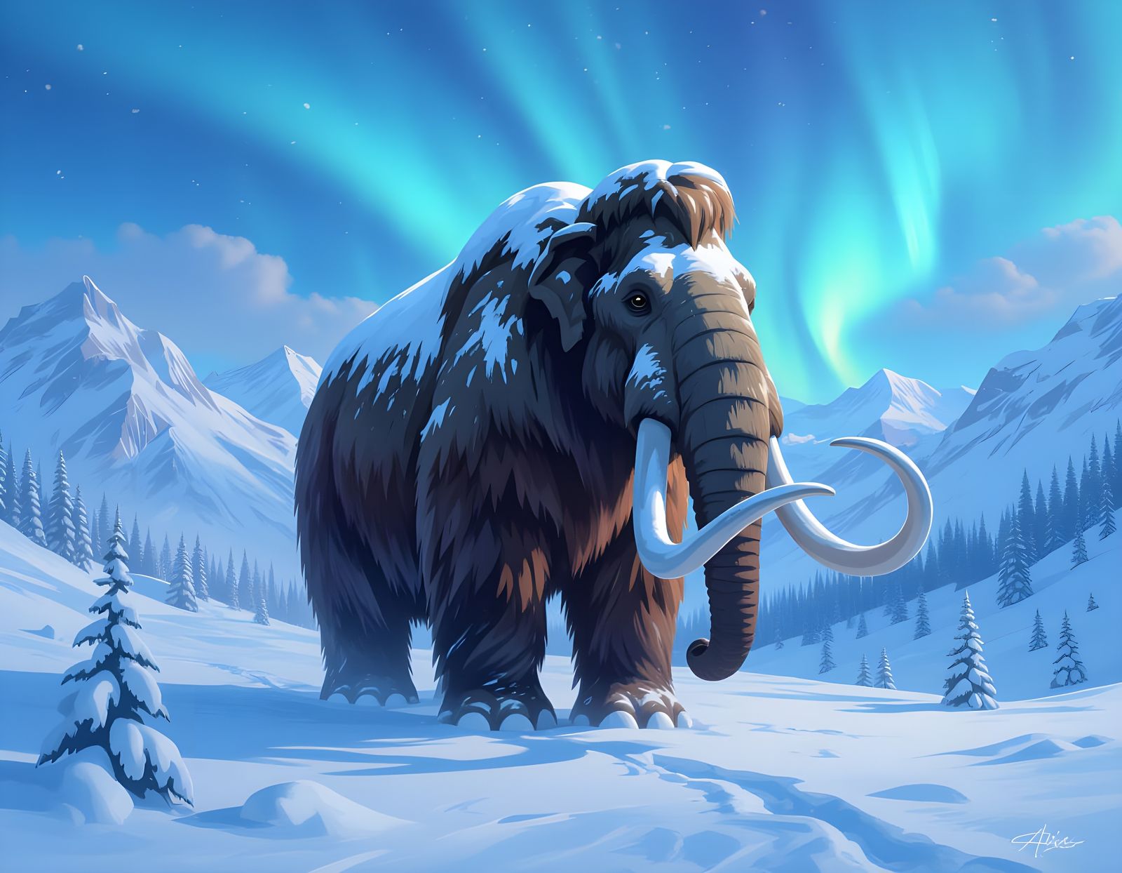 Woolly Mammoth in Snowy Mountains, Oil Painting