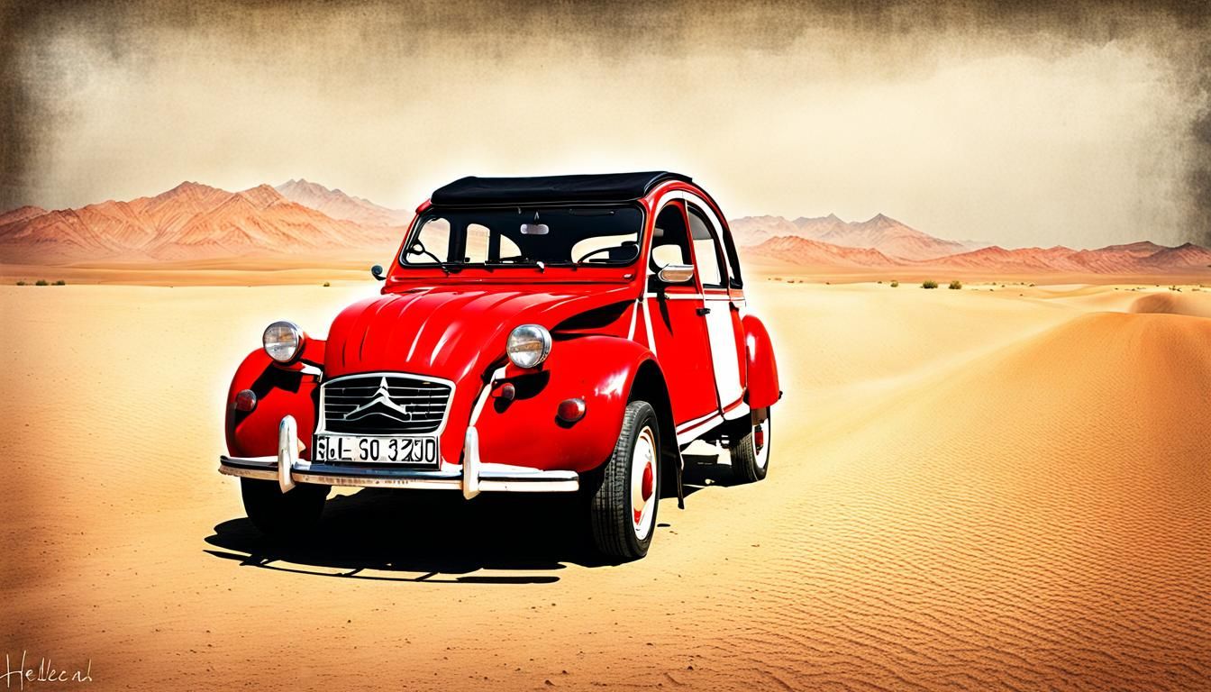 Red Citroen 2CV Sahara in Desert Landscape