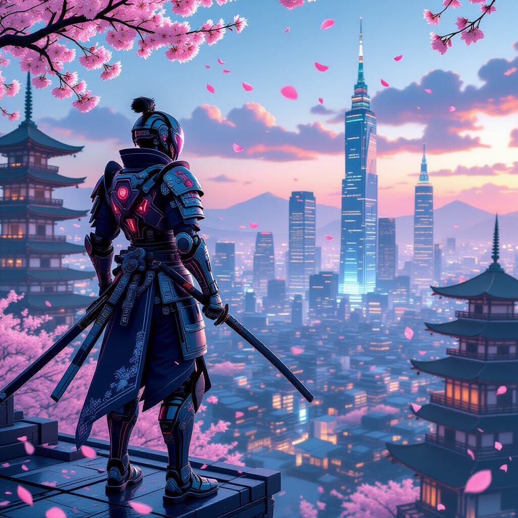 Cyborg Samurai Over Cyberpunk Cityscape