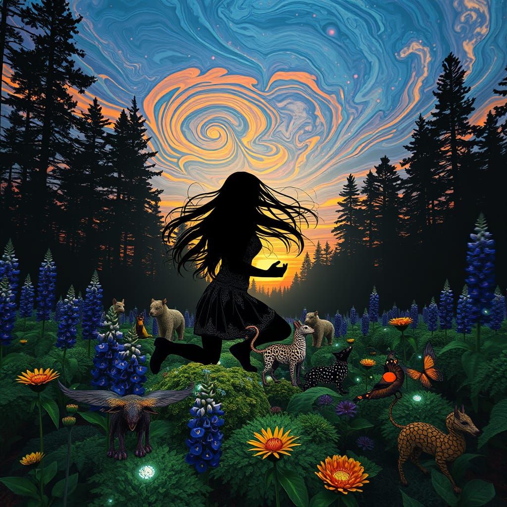 Woman in Lupin Field Etching with Warped Perspective