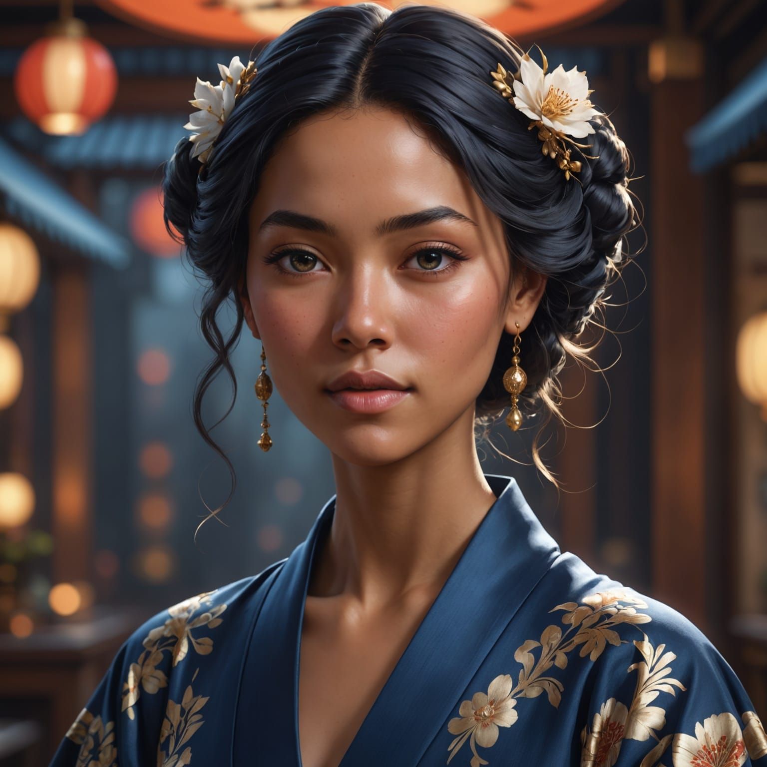 Mixed-Race Woman in Elegant Navy Blue Kimono Evening Gown