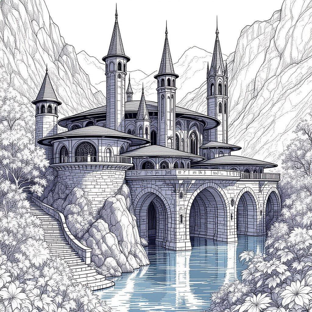 Intricate Elven Keep Line Art for Laser Engraving