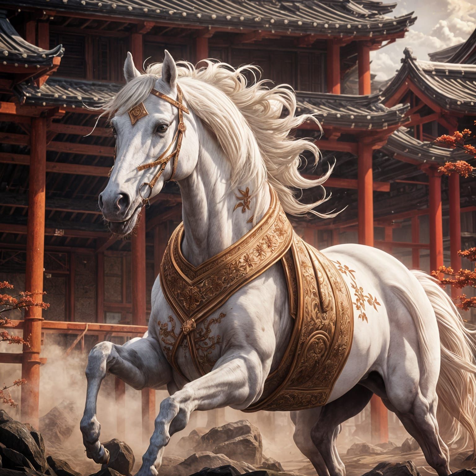 White Horse in Ukiyo-e Style