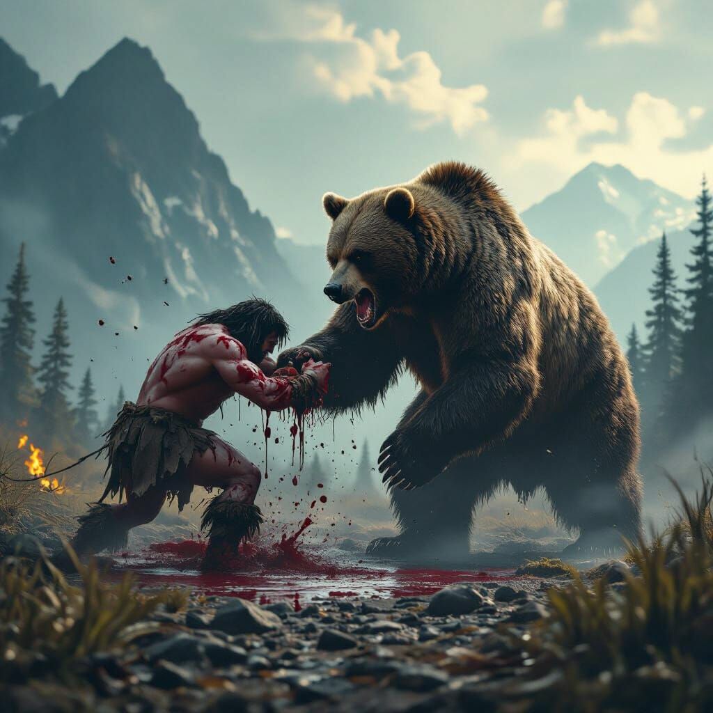 Grizzly Bear Overpowers Caveman: Cinematic Film Aesthetic