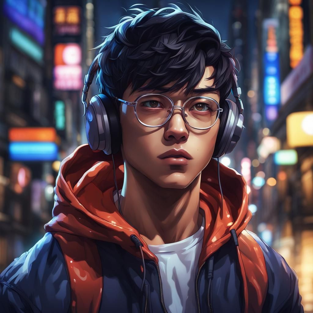 Asian Boy in Japan Night Street: Hyperrealistic Art