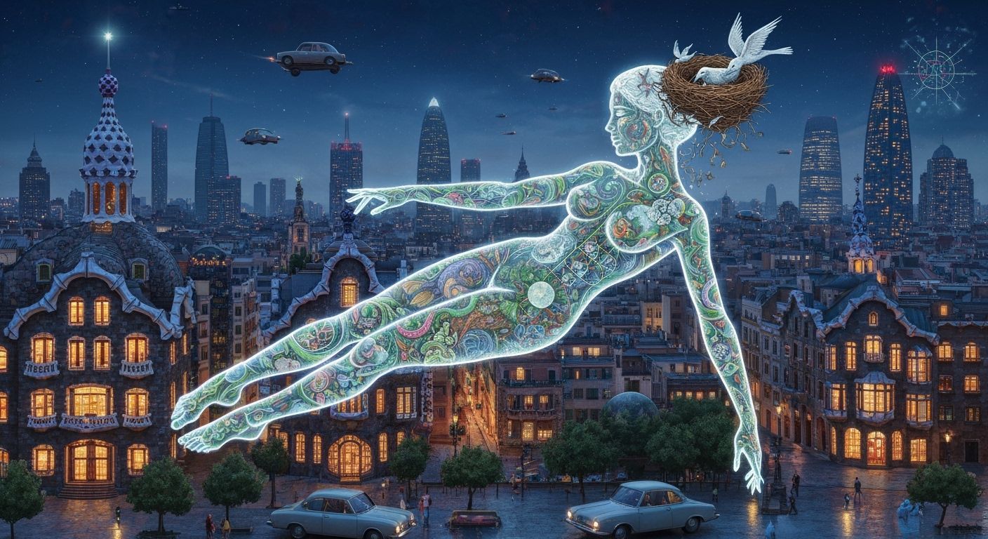 Gaudí Cityscape with Bioluminescent Figure in Surreal Style