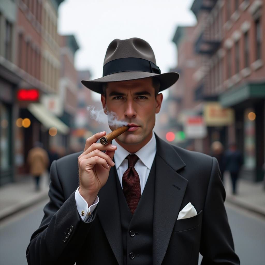 1950s Man Smoking Cigar in Vintage Street Scene