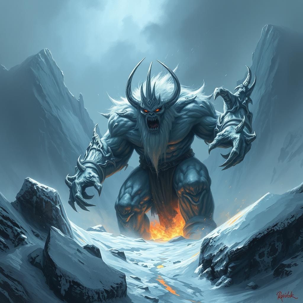 Grimdark Frost Giant Rages in Jotunheim Mountains