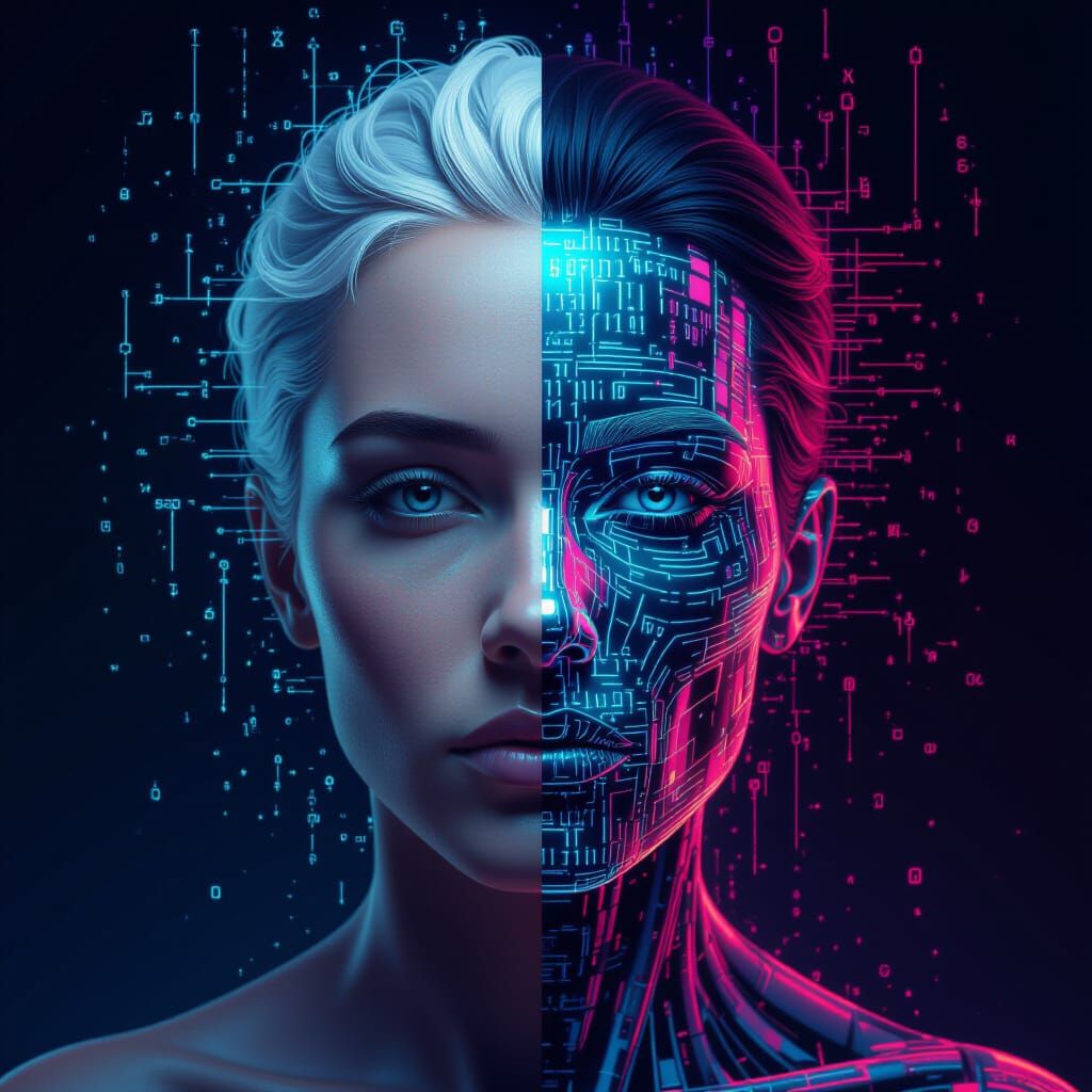 Surreal Face Half Realistic, Half Binary Code Digital Art