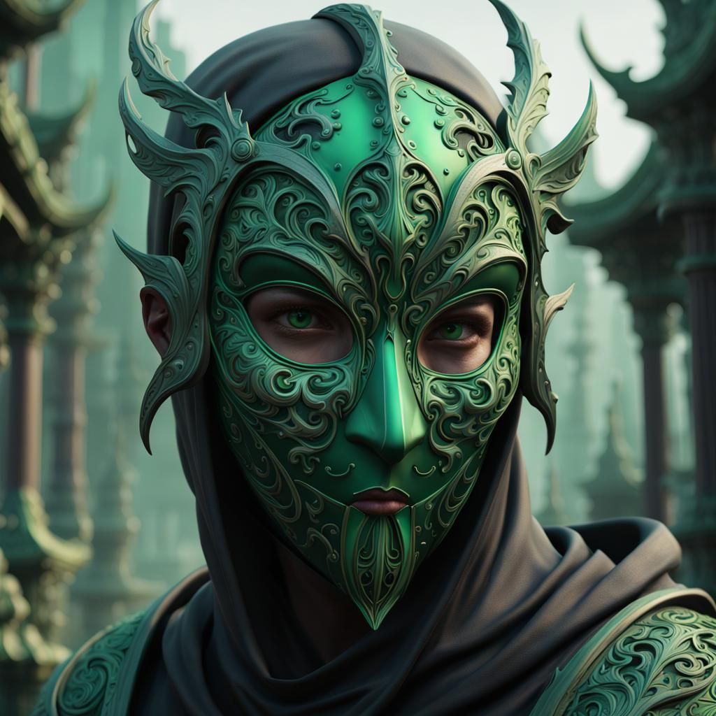 Black and Green Faceless Mask in Detailed Matte Painting