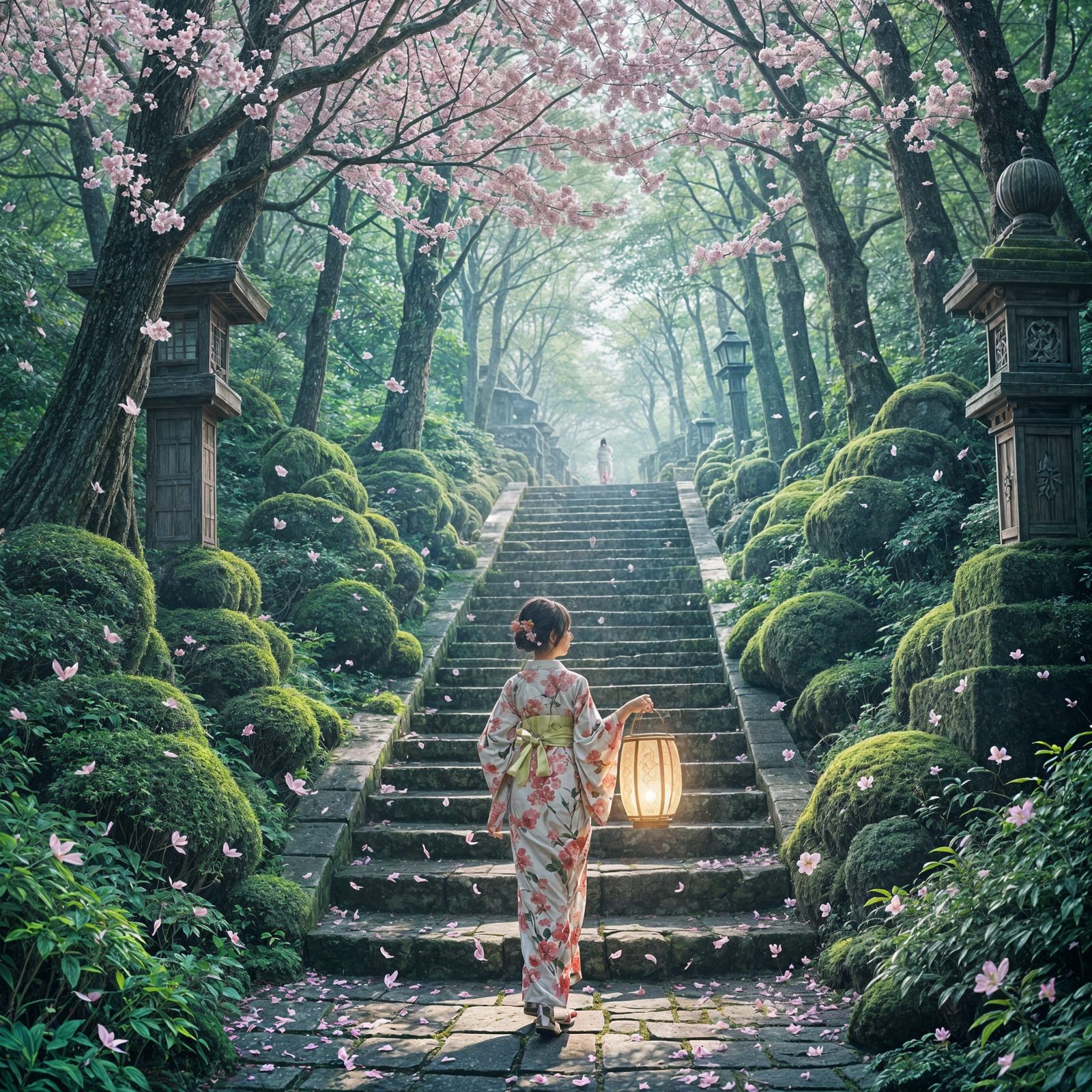 Anime Woman with Lantern in Japanese Forest