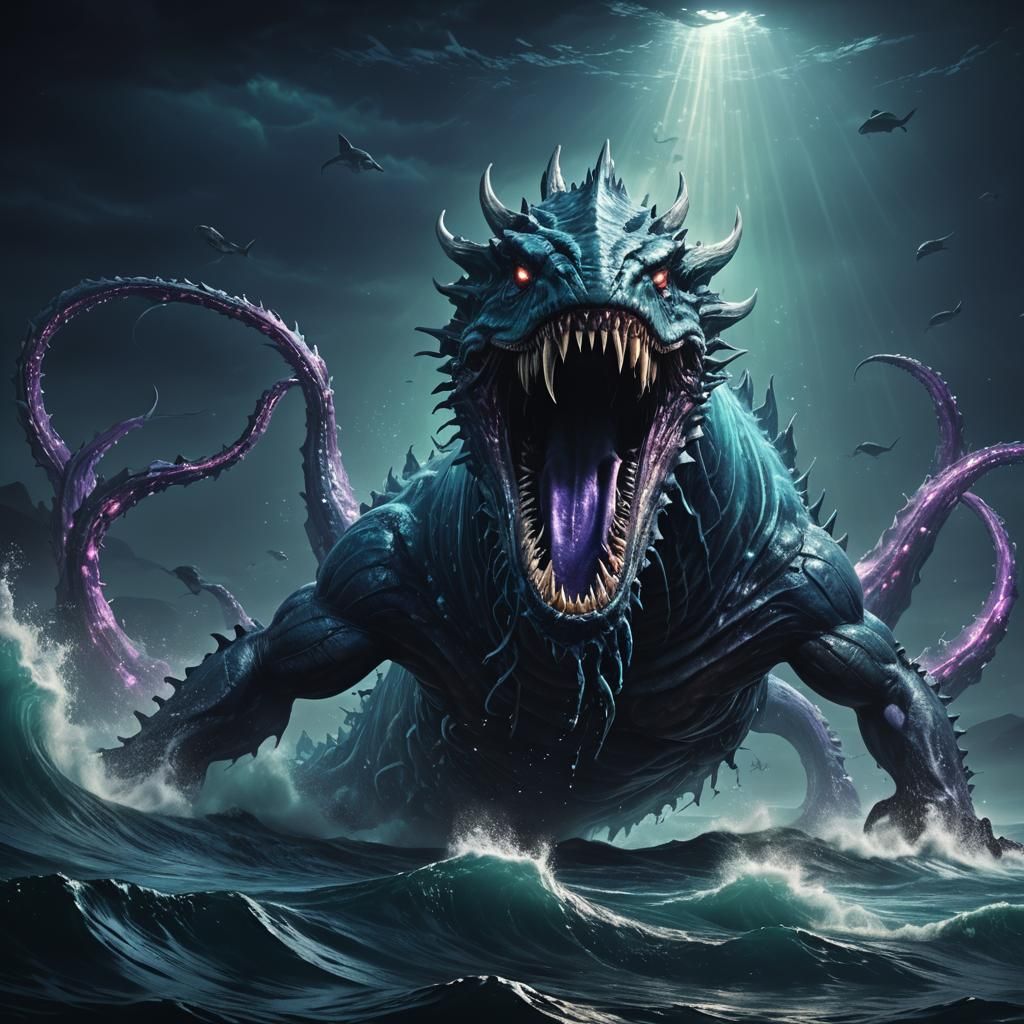 Gigantic Bioluminescent Sea Monster Emerging from the Deep