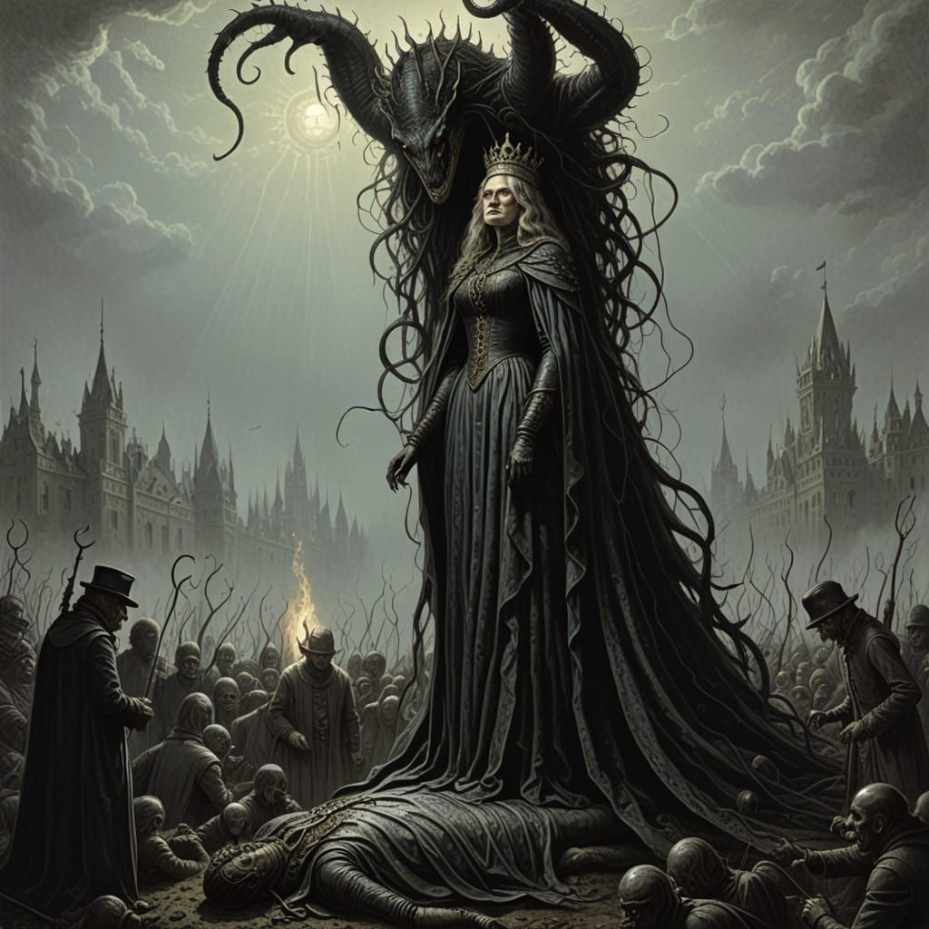 Leeches Applied to Queen in Horror Art Style