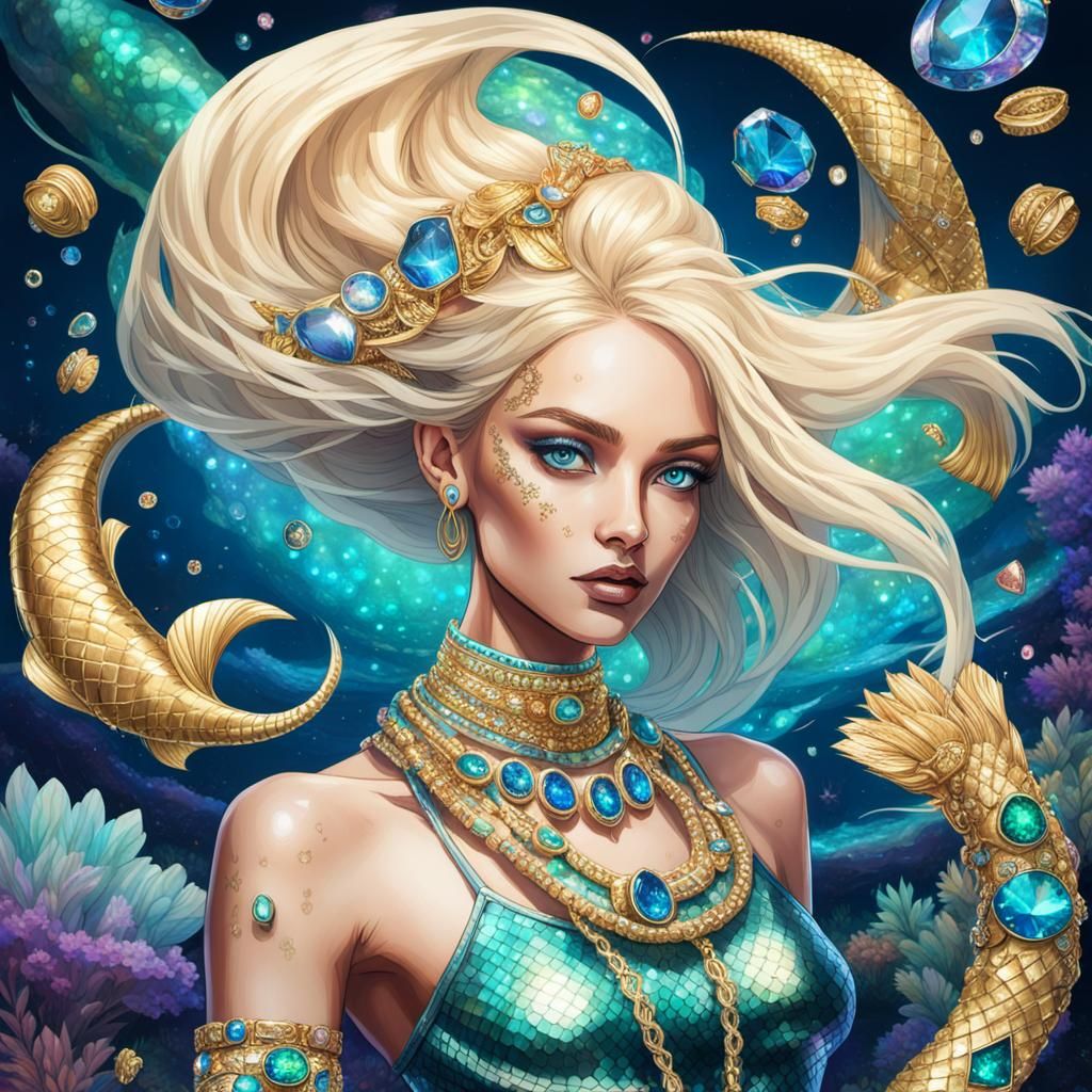 Mermaid with Jewel Tail in Astral Illustration Style