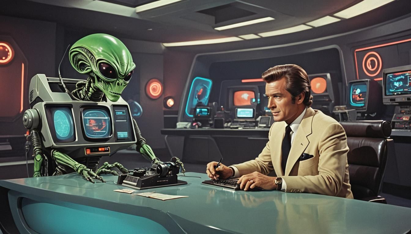 Retro-Futuristic Talk Show with Alien, Comic Book Style