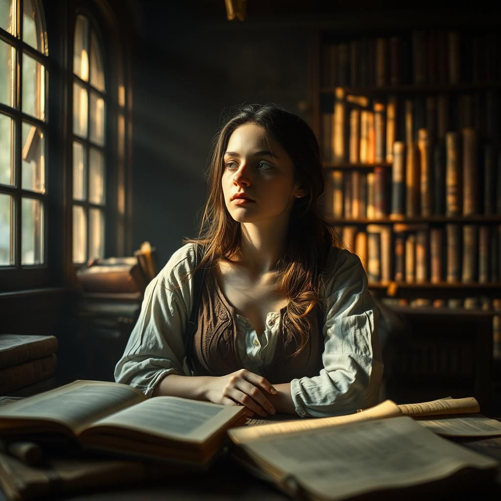 Introspective Woman in Library, Surrealist Style