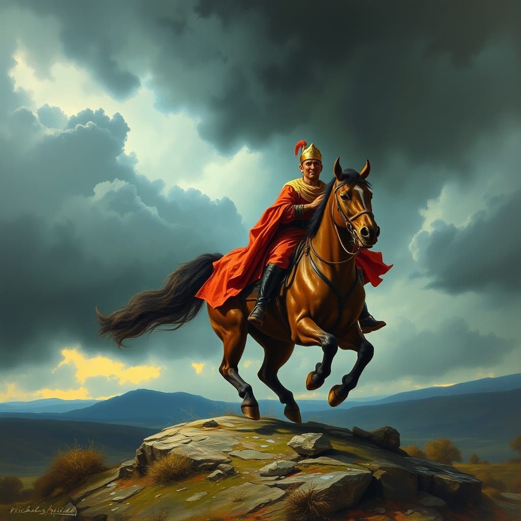 Majestic Ruler Rides into Stormy Skies in Fantasy Art