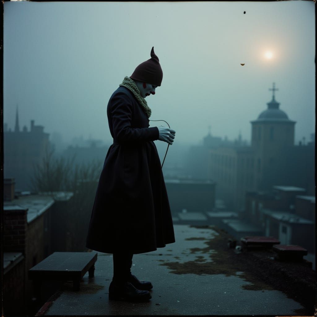Solemn Pierrot Clown on Rooftop at Dusk in Vintage Style