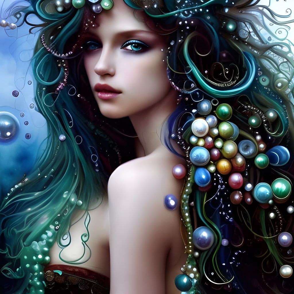 Watercolor Mermaid Portrait with Jewels and Bubbles
