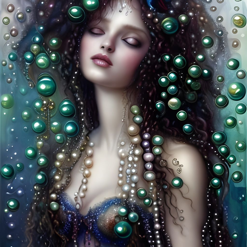 Watercolor Mermaid Portrait with Jewels and Bubbles