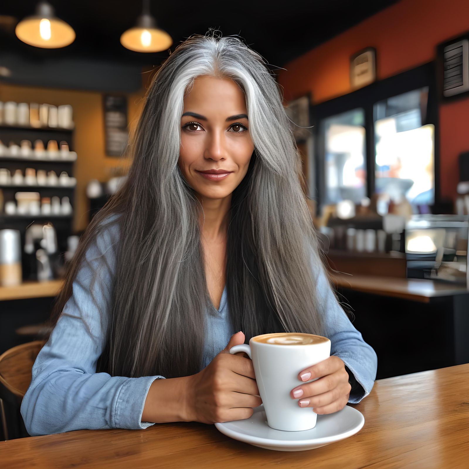 Woman with Salt and Pepper Hair at Coffee Shop