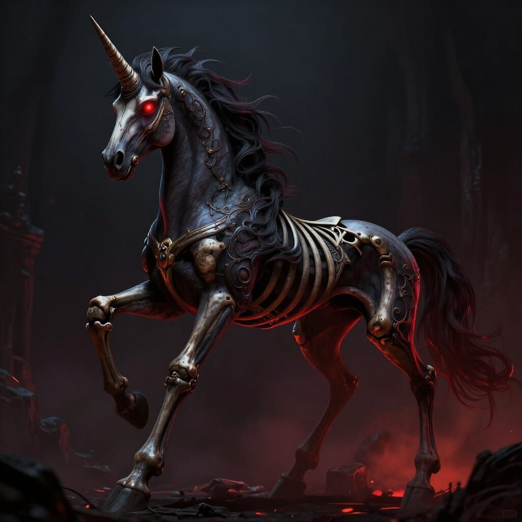 Grim Skeleton Unicorn Pegasus in Dark Fantasy Style