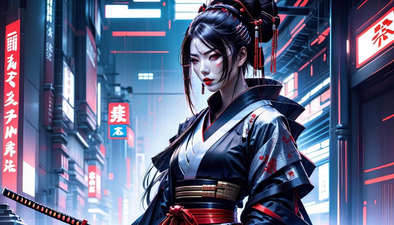 Cyborg Geisha Samurai Assassin in Cyberpunk Japan