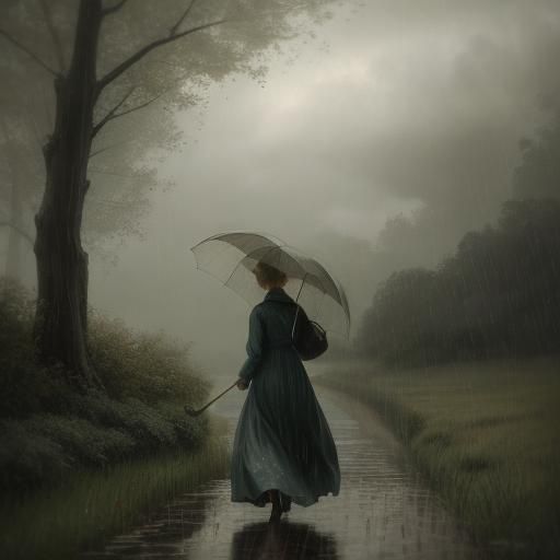 Impressionistic Woman Walking in Rainy Landscape