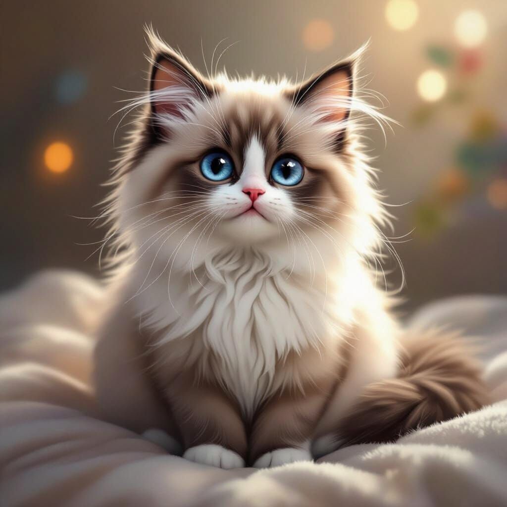 Adorable Ragdoll Cat with Blue Eyes in Soft Digital Painting