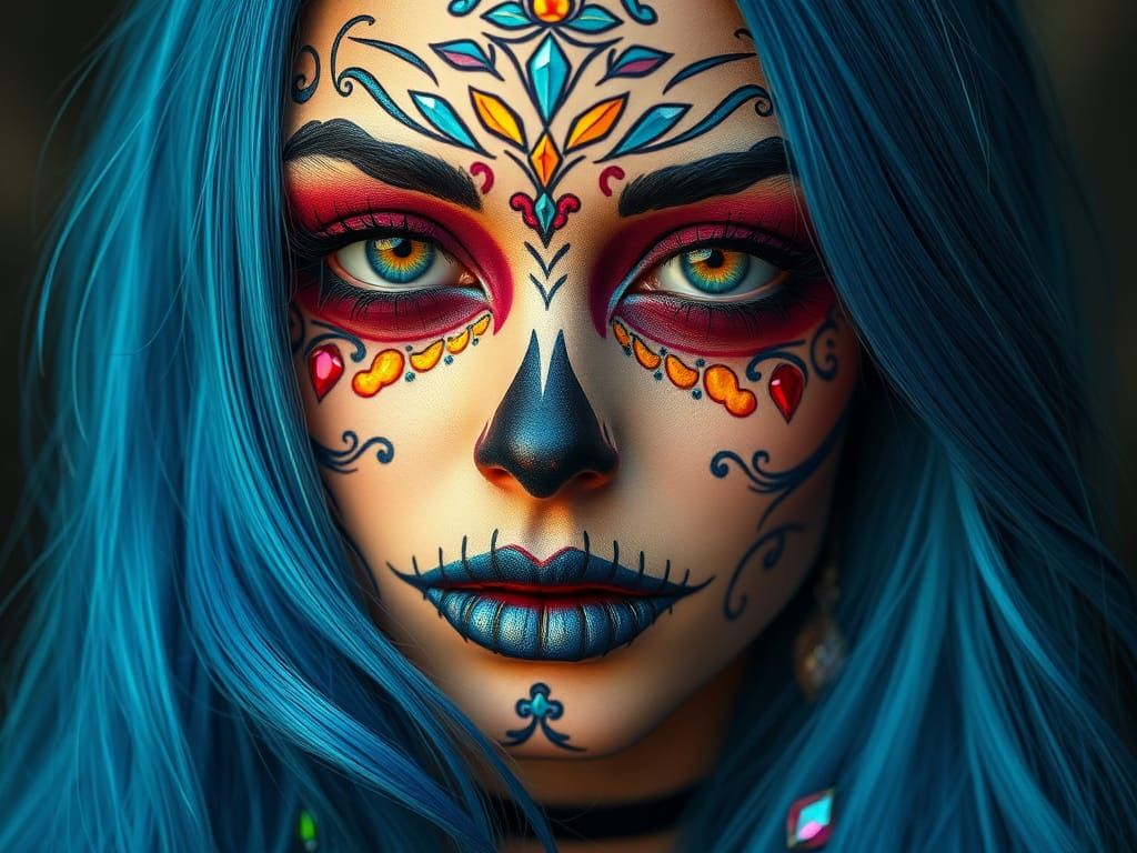 Woman with Sugar Skull Makeup and Blue Hair