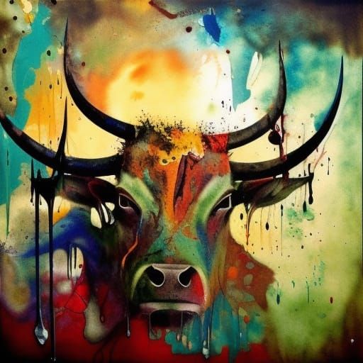 Horned Bull with Paper Marbling and Oil Effects