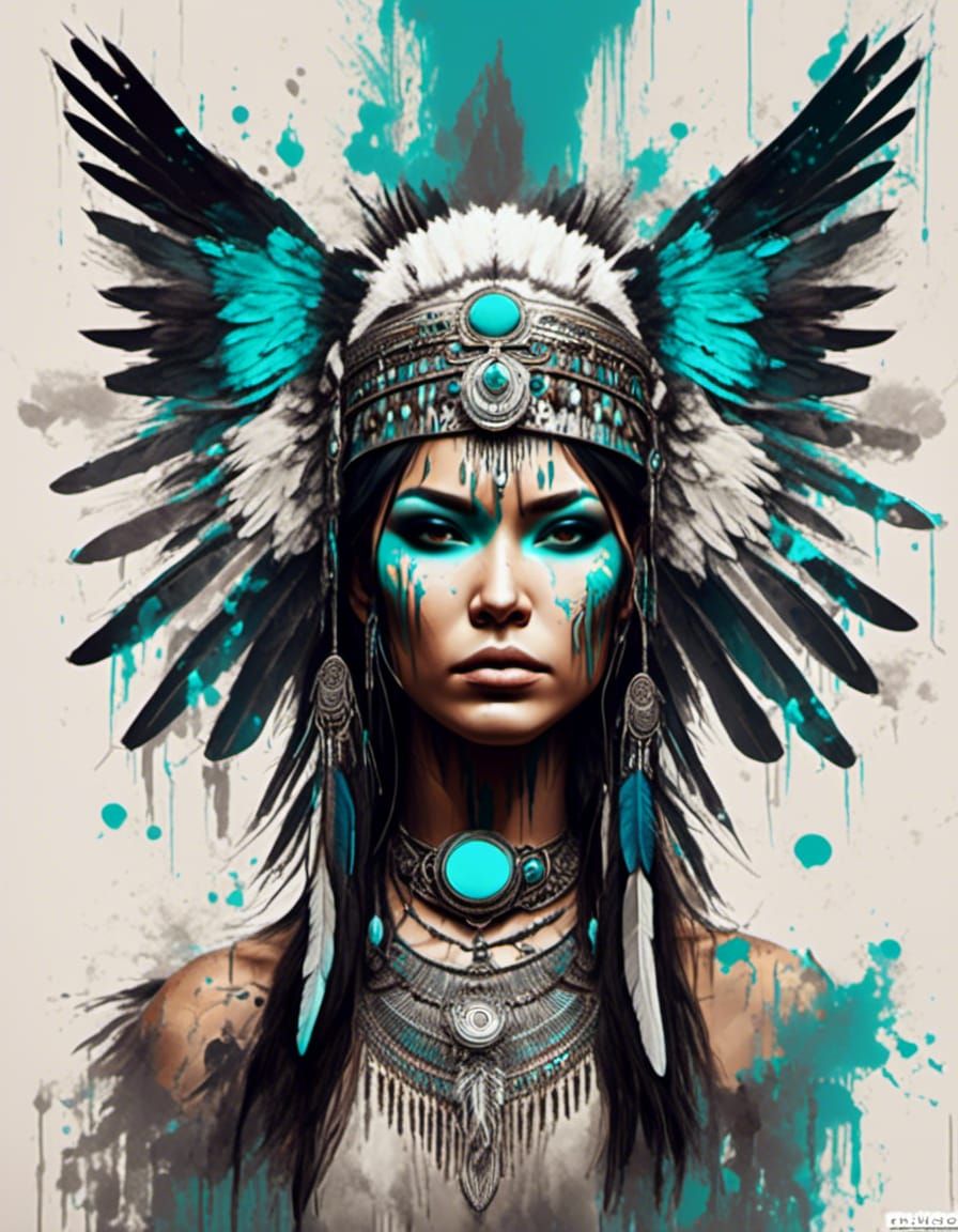 Iroquois Goddess Portrait with Eagle in Surreal Style