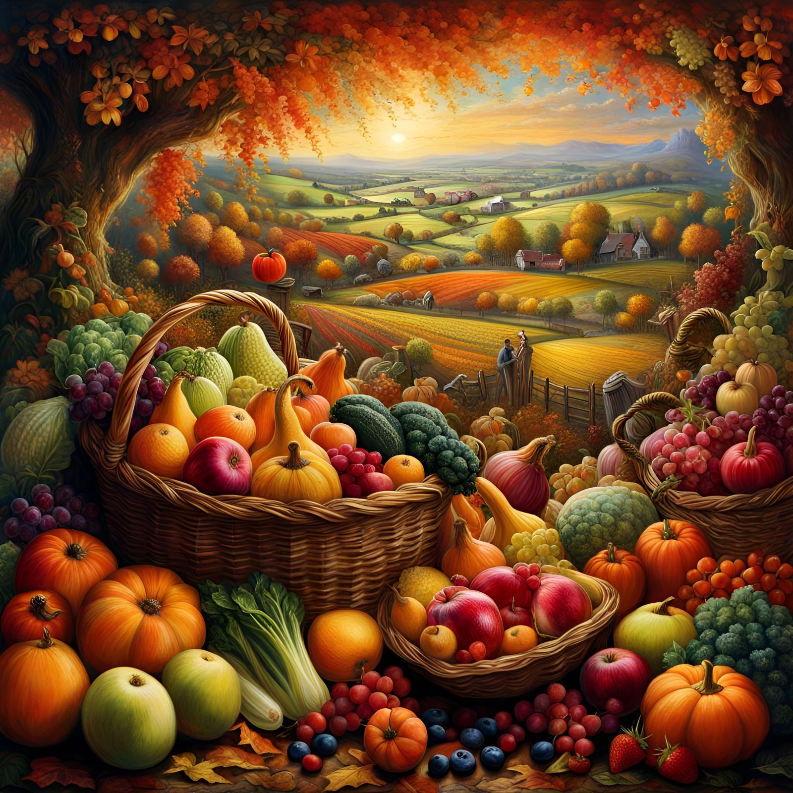 A very British fruit and vegetable harvest with a UK farmland backdrop