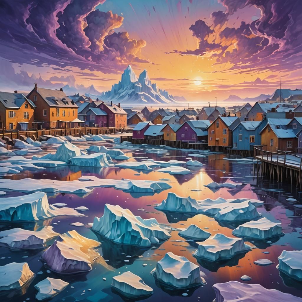 Flooded Arctic Towns in Surreal Oil Painting